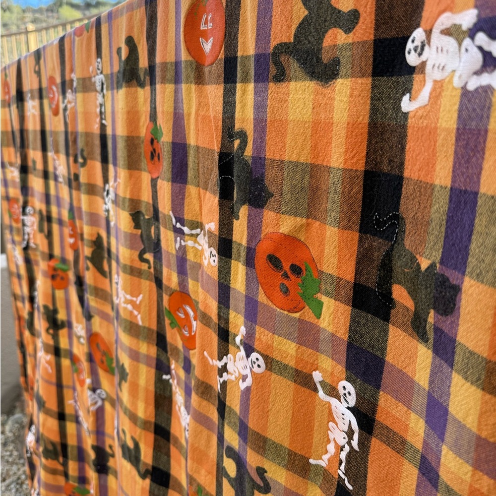 Halloween Plaid Tablecloth with Pumpkins, Black Cats, and Skeletons